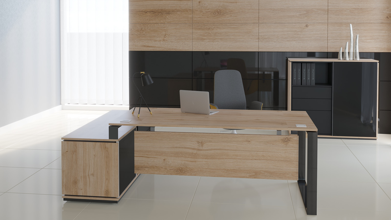 Meble biurowe ustawione w pomieszczeniu - biurko z lewitującym blatem, oparte na komodzie oraz zestaw szaf w formie archiwum.